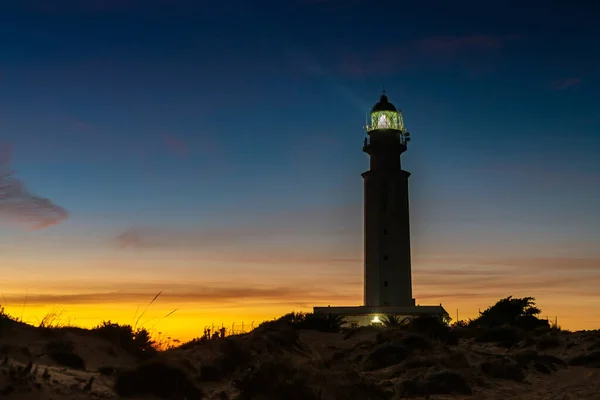 Veduta Della Luce Del Faro Capo Trafalgar Dopo Tramonto Con — Foto Stock