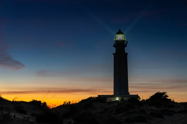 Veduta Della Luce Del Faro Capo Trafalgar Dopo Tramonto Con — Foto Stock