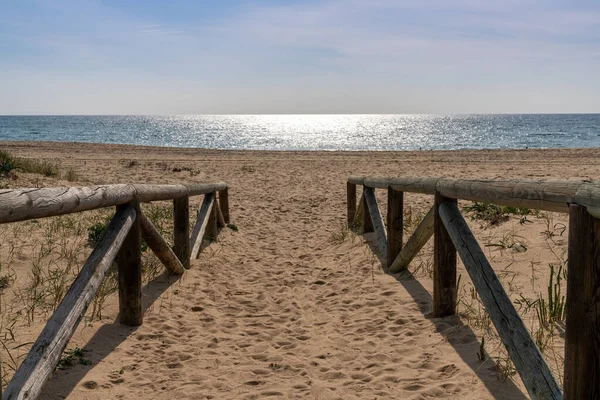 Fából Készült Sétány Strand Közvetlenül Strandra Vezet Csillogó Nyugodt Óceánnal — Stock Fotó