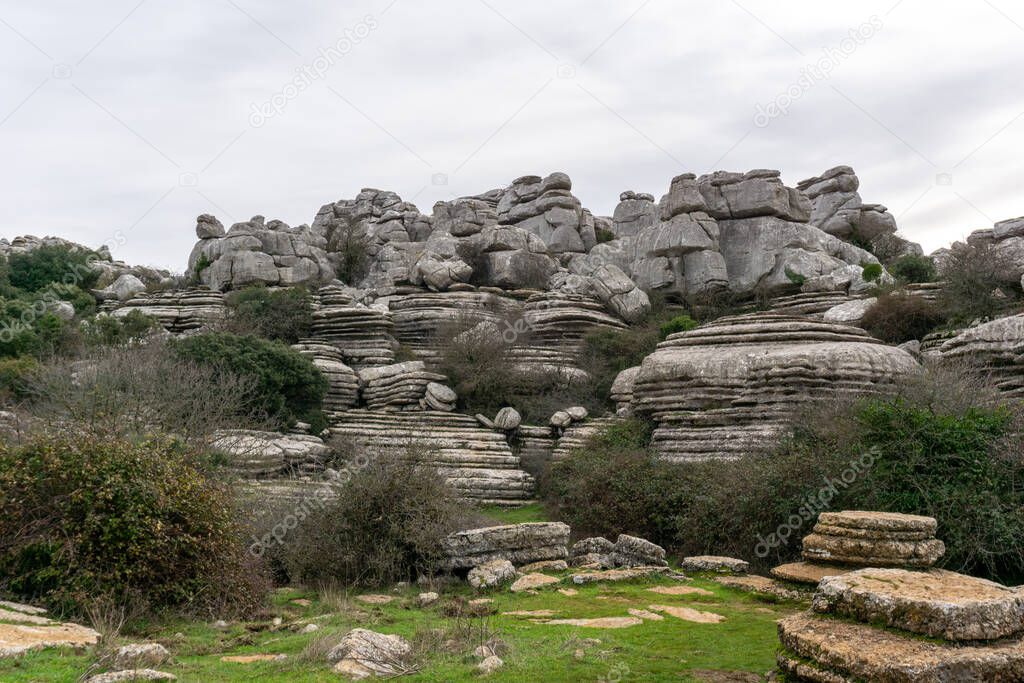 A view of the El Torcal Nature Reserve in Andalusia with ist strange karst rock formations