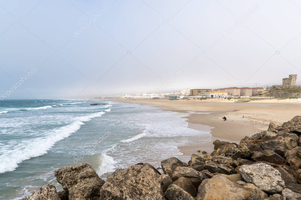 A view of the Los Lances Beach in downtown Tarifa on the Strait of Gibraltar