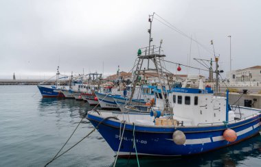 Tarifa, İspanya - 27 Ocak 2021: Tarifa 'daki renkli balıkçı tekneleri ve sanayi limanı