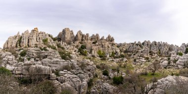 Endülüs 'teki El Torcal Doğa Rezervi' nin tuhaf karst kaya oluşumlarıyla panorama görüntüsü.