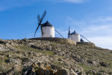 La Mancha 'da, Consuegra' nın yukarısındaki bir tepenin üzerinde, beyazlatılmış İspanyol yel değirmenlerinin manzarası.