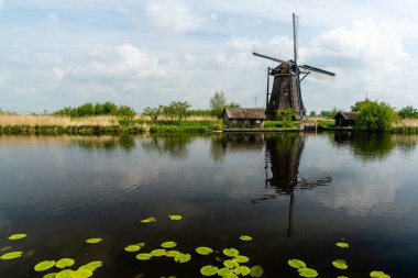 Güney Hollanda 'daki Kinderdijk' te 18. yüzyıldan kalma tarihi bir rüzgar değirmeni manzarası