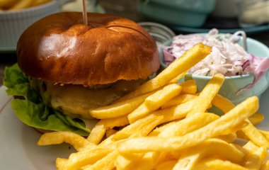 A selective focus view of a delcious homemade cheeseburger with French fries and cole slaw