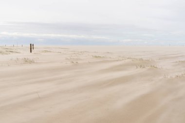 Çimenli, ahşap direkli ve güçlü rüzgârlı kumsalları olan güzel, huzurlu bir sahil.