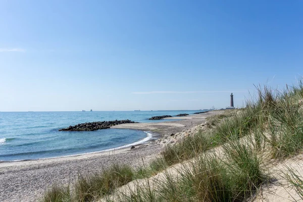 Gyönyörű Üres Strand Mögött Homokdűnék Sziklás Vihar Ágyék Hogy Megvédje — Stock Fotó