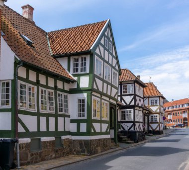 Svendborg, Danimarka - 10 Haziran 2021: Mavi gökyüzünün altında, renkli, bembeyaz, ağaçlarla yıkanmış evler