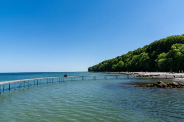 Aarhus Körfezi 'ndeki insanlar. Önünde Sonsuz Köprü, arkasında orman olan insanlar. Mavi bulutsuz gökyüzünün altında.