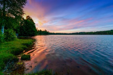Ormanın göle ulaştığı sakin ve huzurlu bir göl üzerinde güzel bir yaz günbatımı.