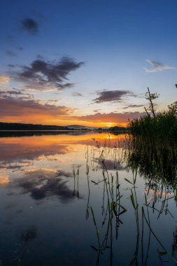 Gün batımında ön planda sazlıklar olan sakin bir gölün dikey manzarası