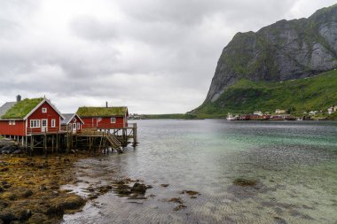 Moskenes, Norveç - 20 Temmuz 2021: Norveç 'in Lofoten Adaları' ndaki Moskenes fiyortlarında renkli kırmızı ahşap evler