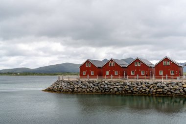 Skreda, Norveç - 20 Temmuz 2021: Norveç 'in Lofoten Adaları' ndaki okyanus kıyısındaki renkli kırmızı ahşap evler