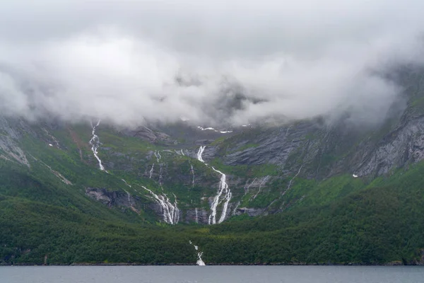 Several Waterfalls Drop Lush Green Forest Norwegian Fjord Helgeland Coast — Stock Photo, Image