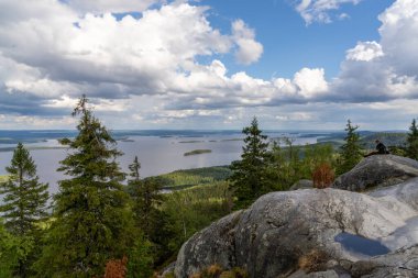 Koli, Finlandiya - 30 Temmuz 2021: Kadın yürüyüşçü mola veriyor ve Finlandiya 'daki ulusal parkın Koli dağı zirvesinden manzara seyrediyor
