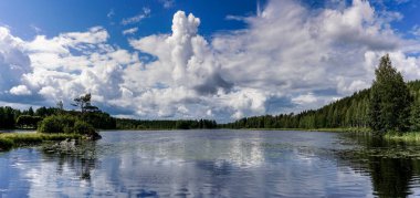 Beyaz bulutlu mavi gökyüzünün altında yemyeşil yaz bitkileriyle huzurlu ve huzurlu bir göl manzarası.
