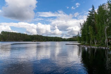 Beyaz kümülüs bulutları ile mavi gökyüzünün altında huzurlu bir yaz gölü ve orman manzarası.