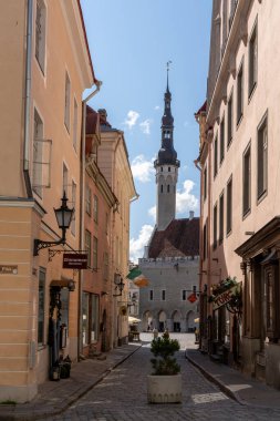 Tallinn, Estonya: 6 Ağustos 2021: Tallinn 'in eski şehir merkezinde dar kaldırım taşı sokakları ve tarihi binalar