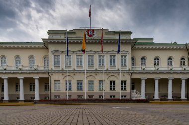 Vilnius, Litvanya - 30 Ağustos 2021: Litvanya Cumhurbaşkanlığı Sarayı ve Vilnius Eski Kasabası Daukanto Meydanı manzarası