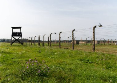 Auschwitz, Polonya - 15 Eylül 2021: Dikenli teller ve eski bir gözetleme kulesi olan Auschwitz toplama kampı kompleksinin manzarası