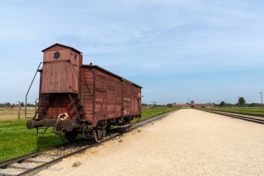 Auschwitz, Polonya - 15 Eylül 2021: Polonya 'daki Auschwitz Toplama Kampı demiryolu rayları ve mahkumları ön planda taşımak için ahşap bir vagon