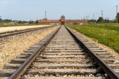 Auschwitz, Polonya - 15 Eylül 2021: Polonya 'daki Auschwitz toplama kampına giden demiryolu raylarının düşük açılı görüntüsü