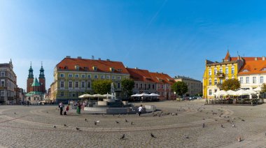 Gniezno, Polonya - 7 Eylül 2021: Gniezno 'nun ana şehir meydanı tarihi binalar ve arka planda ünlü katedral