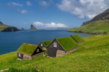 Bour, Faroe Adaları - 7 Temmuz 2025: Faroe Adaları 'ndaki Sorvagsfjord kıyılarında çimen çatılı geleneksel ahşap evler