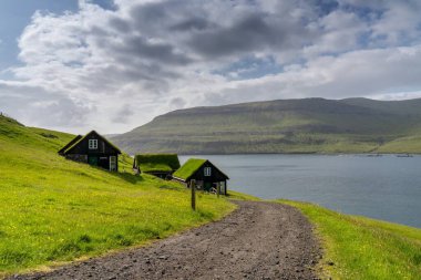 Bour, Faroe Adaları - 7 Temmuz 2025: Faroe Adaları 'ndaki Sorvagsfjord kıyılarında çimen çatılı geleneksel ahşap evler