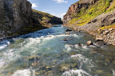Doğu Icleand 'daki Studlagil Kanyonu' ndan akan Jokla Nehri manzarası