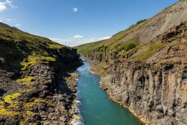 Doğu Icleand 'daki Studlagil Kanyonu' ndan akan Jokla Nehri manzarası