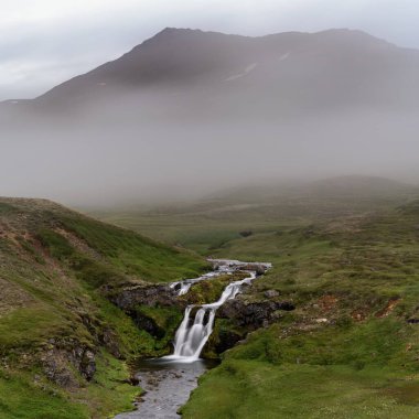 Kuzey İzlanda 'nın dağlık kesimlerinde küçük bir şelale ve dağ deresi manzarası