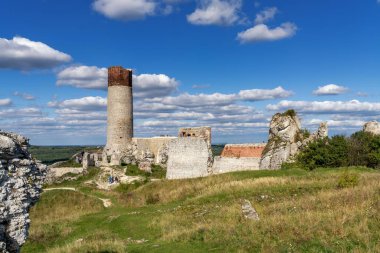 Olsztyn, Polonya - 28 Eylül 2025: Güzel bir yaz günü Olsztyn Kalesi Harabeleri manzarası