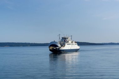 Hoss, Norveç - 14 Augsut, 2025: Norveç 'in güneyindeki Oslofjord' dan geçen Yosun-Yaban Arısı Feribotu manzarası