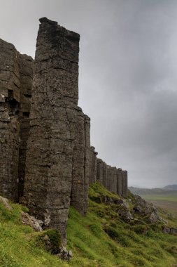 Batı İzlanda 'daki Snaefellsnes Yarımadası' ndaki Gerduberg uçurumlarındaki engebeli dolerit bazalt kaya sütunlarının dikey görüntüsü.