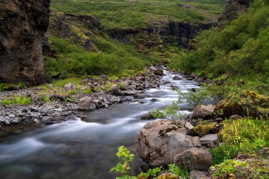 Batı İzlanda 'da Hvalfjordur yakınlarındaki Glymur şelalesinin altındaki sakin Botsna Nehri manzarası