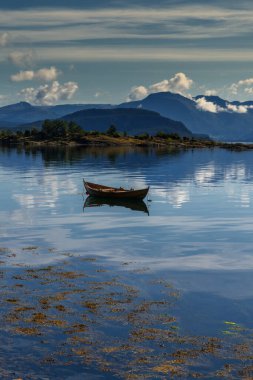 Onarheim yakınlarındaki Hardangerfjord 'un dikey görüntüsü ön tarafta küçük bir kayıkla