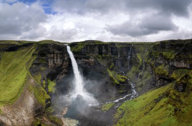 A drone view of the Haifoss and the Fossa River canyon in southern Iceland