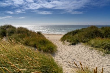 Norveç 'in güneyindeki Stavanger yakınlarındaki Orrestranden Sahili' ne giden bir sahil girişi.