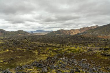 Orta İzlanda 'nın Landmannalaugar Bölgesi' nin lav tarlaları ve renkli volkanik dağlarının manzarası.