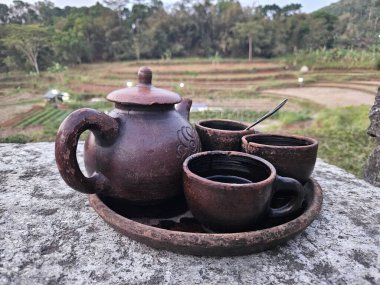 Rustic tea set with teapot and cups on a stone surface, with a rural landscape in the background