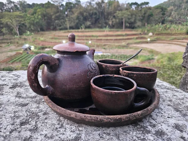 Rustic tea set with teapot and cups on a stone surface, with a rural landscape in the background