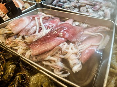 Çiğ mürekkep balığı ve diğer deniz ürünleri bir markette veya restoranda metal bir tepside sergileniyor..