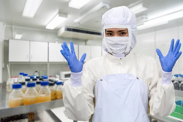 Lab Worker Protective Clothes Mask Gloves Doing Research Foods Factory — Stock Photo, Image