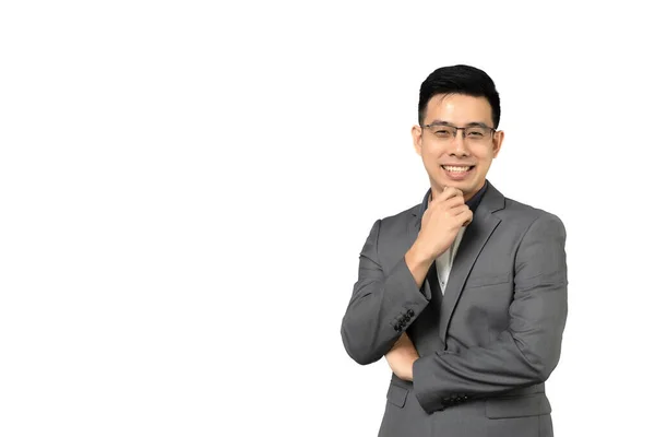 Retrato Empresário Asiático Feliz Sorrindo Terno Cinza Confiante Isolado Fundo — Fotografia de Stock