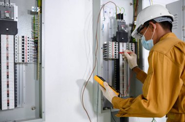 Elektrik mühendisi kontrol panelinde elektrik tesisatı ve elektrik tesisatı denetimi için dijital çoklu metre test akımı kullanıyor..