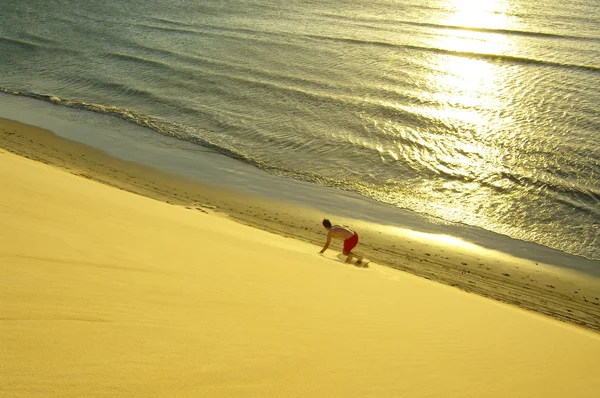 Jericoacoara, man sandboarding på dune framför havet — Stockfoto