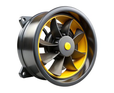 Siyah pervaneli turbo fanı, siyah çerçeveli egzoz üfleyici fanı beyaz arka planda izole edilmiş güçlü endüstriyel hava soğutma sistemi..