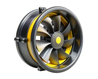 Siyah pervaneli turbo fanı, siyah çerçeveli egzoz üfleyici fanı beyaz arka planda izole edilmiş güçlü endüstriyel hava soğutma sistemi..